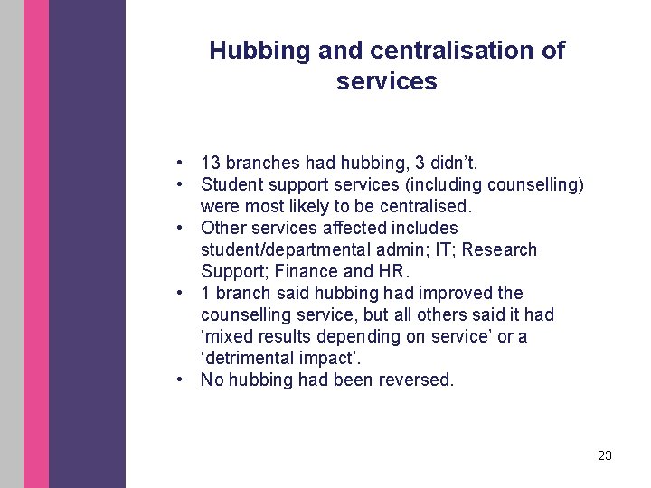Hubbing and centralisation of services • 13 branches had hubbing, 3 didn’t. • Student