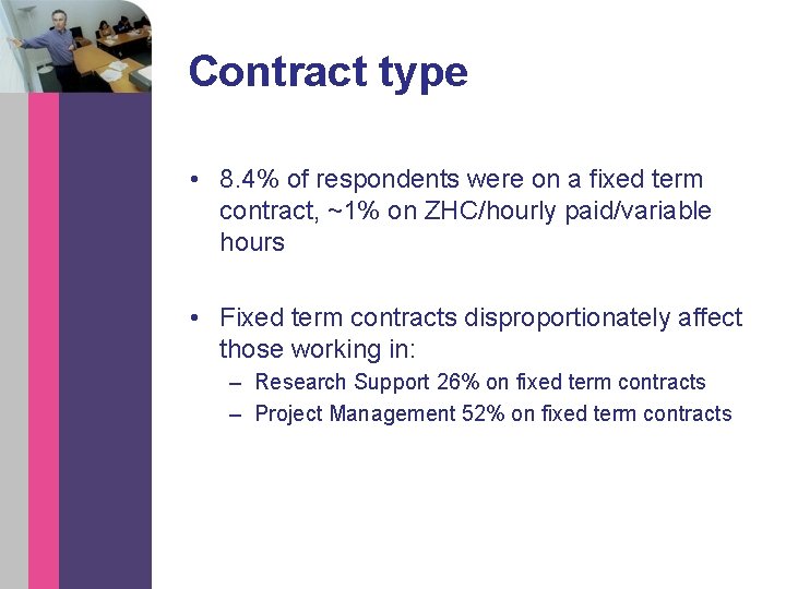 Contract type • 8. 4% of respondents were on a fixed term contract, ~1%