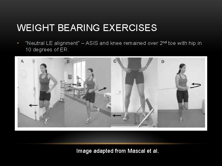 WEIGHT BEARING EXERCISES • “Neutral LE alignment” – ASIS and knee remained over 2