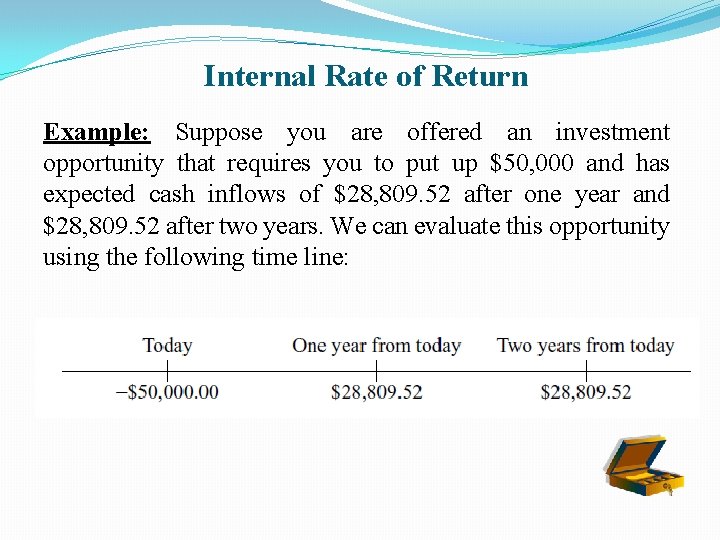 Internal Rate of Return Example: Suppose you are offered an investment opportunity that requires