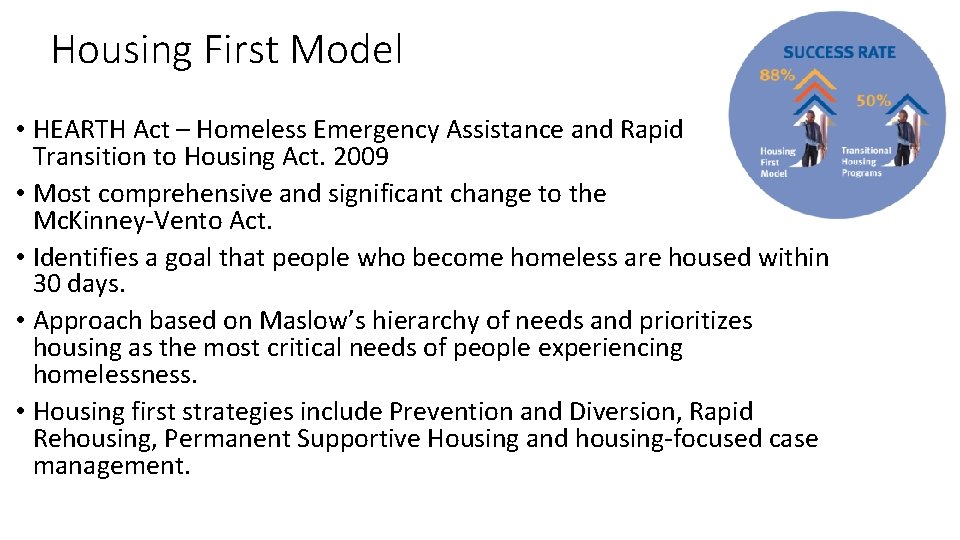 Housing First Model • HEARTH Act – Homeless Emergency Assistance and Rapid Transition to