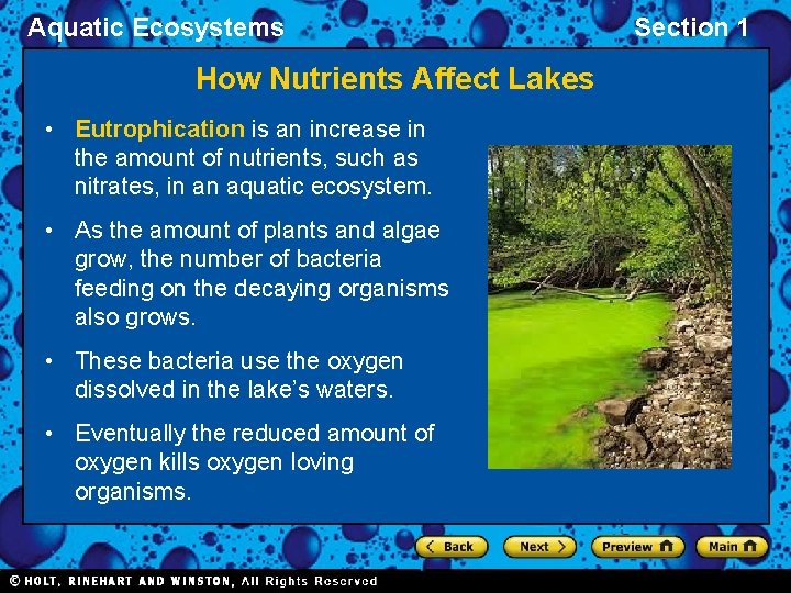 Aquatic Ecosystems How Nutrients Affect Lakes • Eutrophication is an increase in the amount