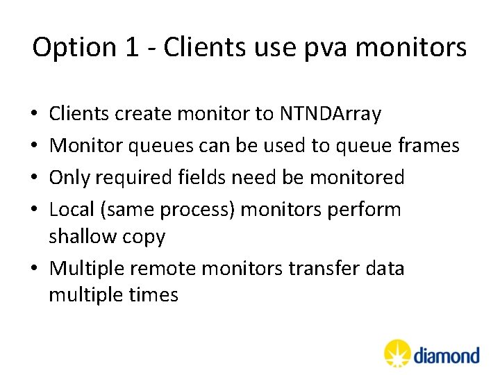 Option 1 - Clients use pva monitors Clients create monitor to NTNDArray Monitor queues Option 1 - Clients use pva monitors Clients create monitor to NTNDArray Monitor queues