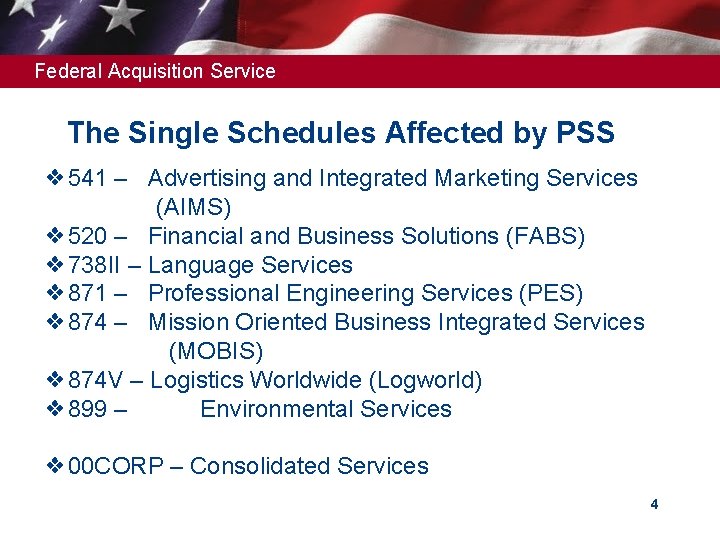 Federal Acquisition Service The Single Schedules Affected by PSS ❖ 541 – Advertising and