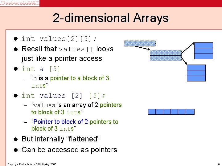 2 -dimensional Arrays int values[2][3]; l Recall that values[] looks just like a pointer
