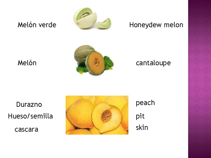 Melón verde Honeydew melon Melón cantaloupe Durazno peach Hueso/semilla cascara pit skin 