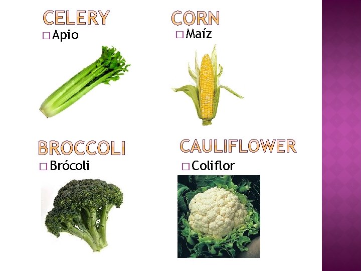 � Apio � Brócoli � Maíz � Coliflor 