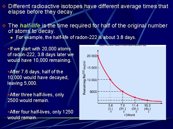 v Different radioactive isotopes have different average times that elapse before they decay. v