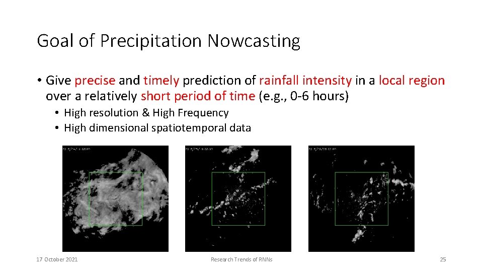 Goal of Precipitation Nowcasting • Give precise and timely prediction of rainfall intensity in