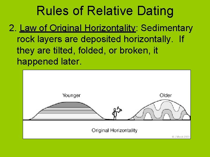 Rules of Relative Dating 2. Law of Original Horizontality: Horizontality Sedimentary rock layers are