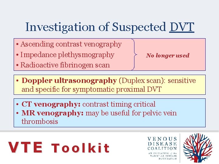 Investigation of Suspected DVT • Ascending contrast venography • Impedance plethysmography • Radioactive fibrinogen