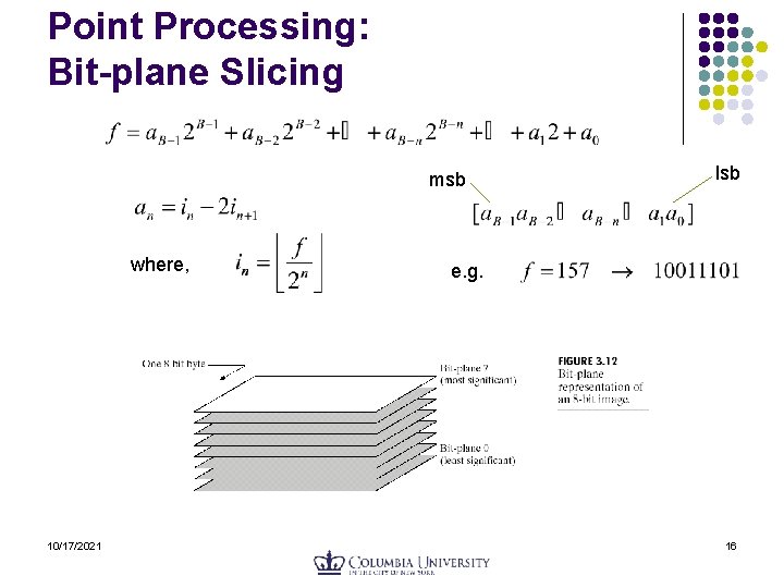 Point Processing: Bit-plane Slicing msb where, 10/17/2021 lsb e. g. 16 Point Processing: Bit-plane Slicing msb where, 10/17/2021 lsb e. g. 16