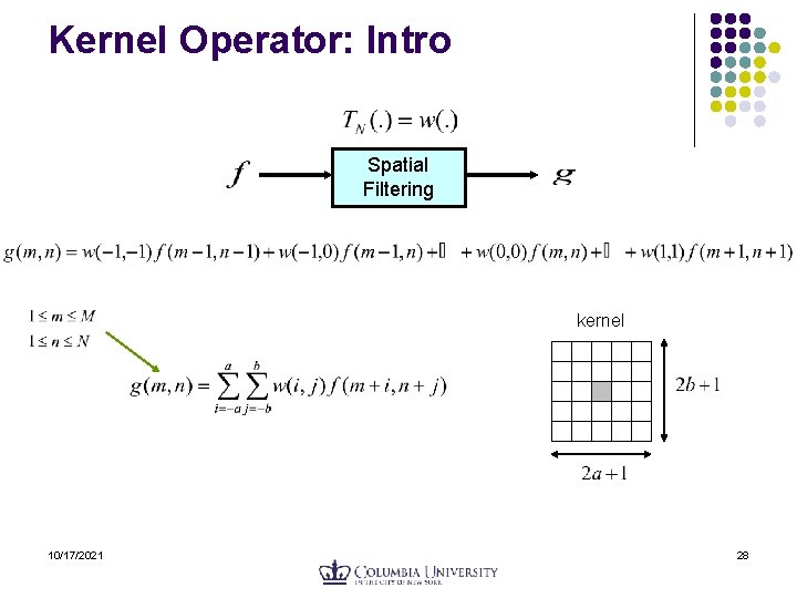 Kernel Operator: Intro Spatial Filtering kernel 10/17/2021 28 Kernel Operator: Intro Spatial Filtering kernel 10/17/2021 28