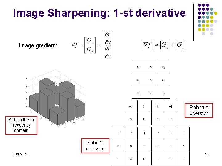 Image Sharpening: 1 -st derivative Image gradient: Robert’s operator Sobel filter in frequency domain Image Sharpening: 1 -st derivative Image gradient: Robert’s operator Sobel filter in frequency domain