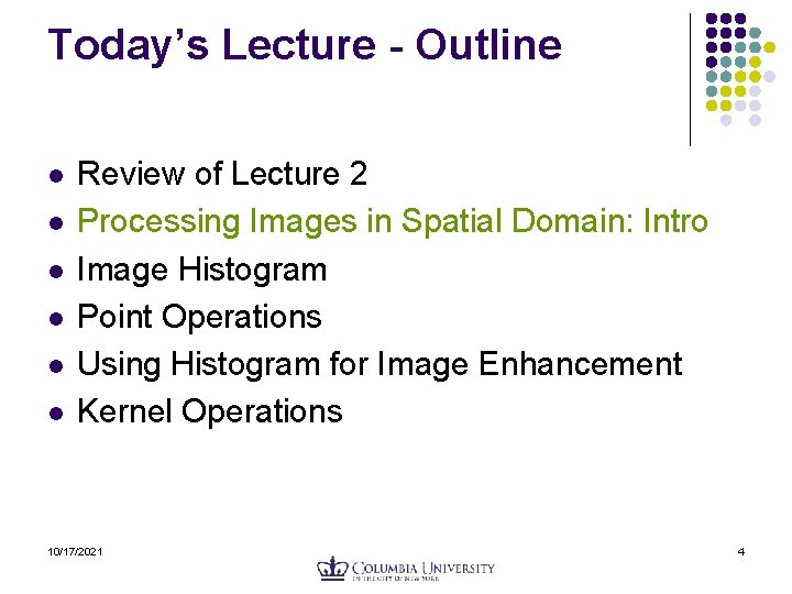 Today’s Lecture - Outline l l l Review of Lecture 2 Processing Images in Today’s Lecture - Outline l l l Review of Lecture 2 Processing Images in