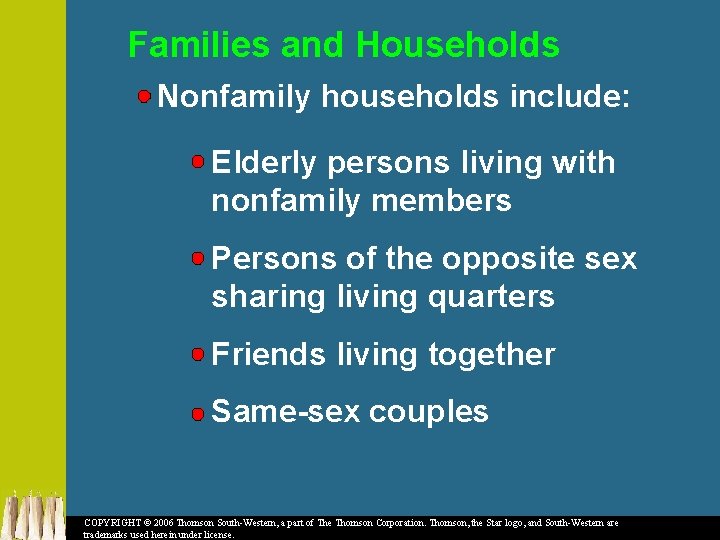 Families and Households Nonfamily households include: Elderly persons living with nonfamily members Persons of
