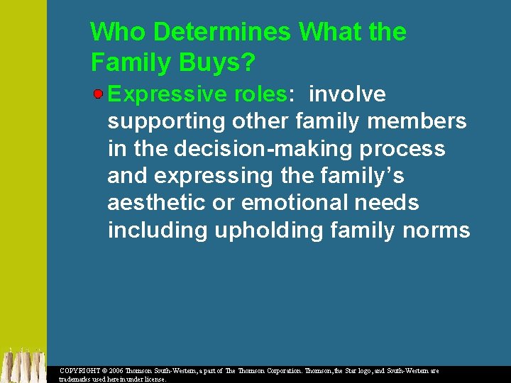 Who Determines What the Family Buys? Expressive roles: involve supporting other family members in