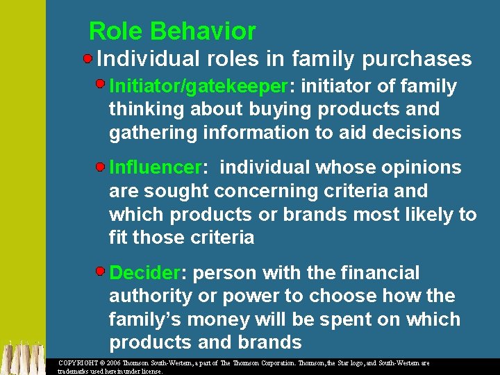 Role Behavior Individual roles in family purchases Initiator/gatekeeper: initiator of family thinking about buying