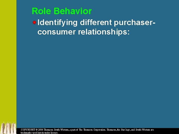 Role Behavior Identifying different purchaserconsumer relationships: COPYRIGHT © 2006 Thomson South-Western, a part of