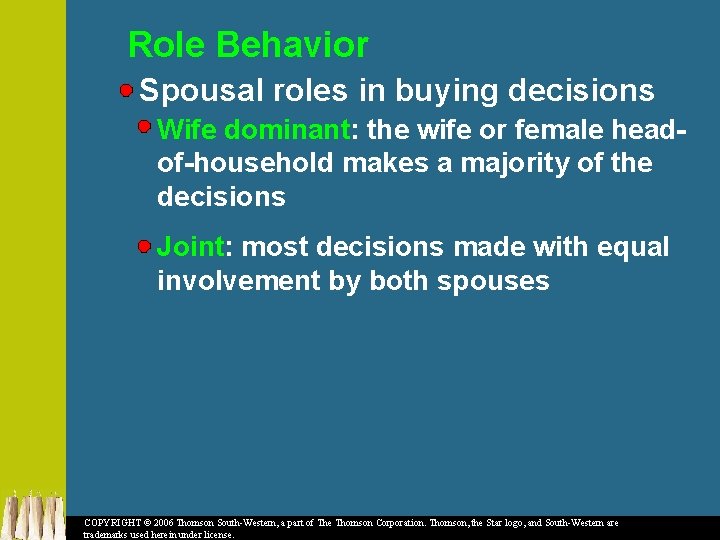 Role Behavior Spousal roles in buying decisions Wife dominant: the wife or female headof-household