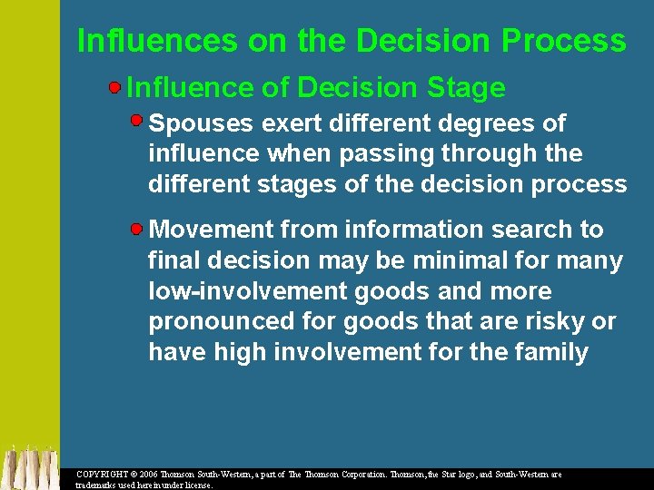 Influences on the Decision Process Influence of Decision Stage Spouses exert different degrees of