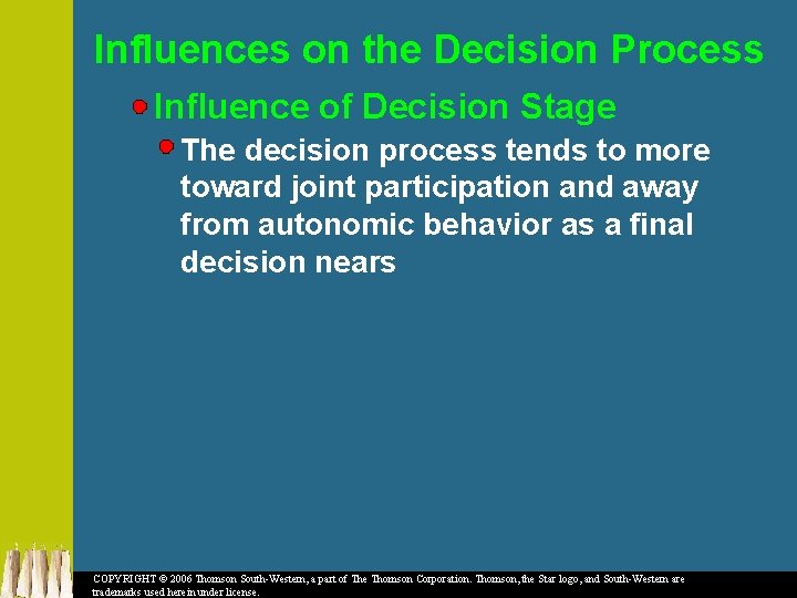 Influences on the Decision Process Influence of Decision Stage The decision process tends to