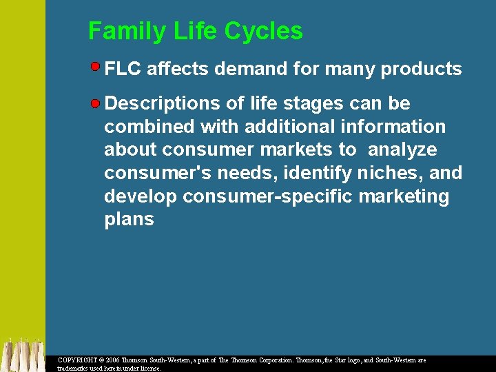 Family Life Cycles FLC affects demand for many products Descriptions of life stages can