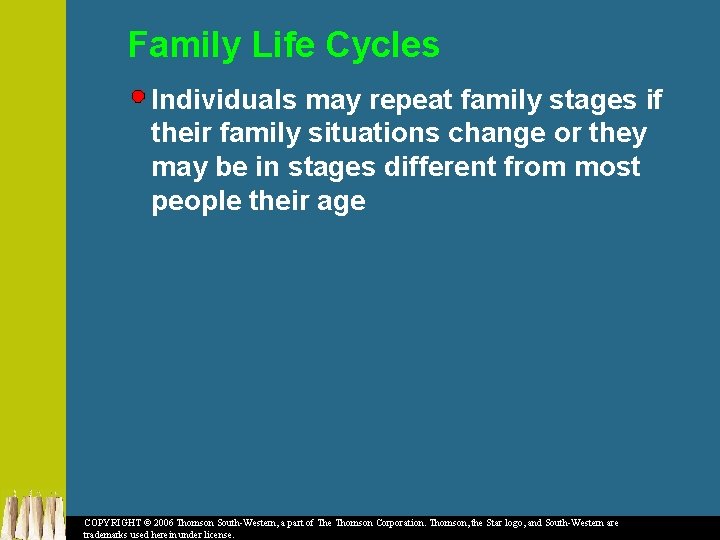 Family Life Cycles Individuals may repeat family stages if their family situations change or