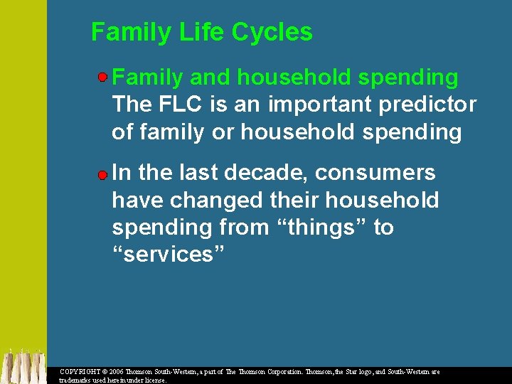 Family Life Cycles Family and household spending The FLC is an important predictor of