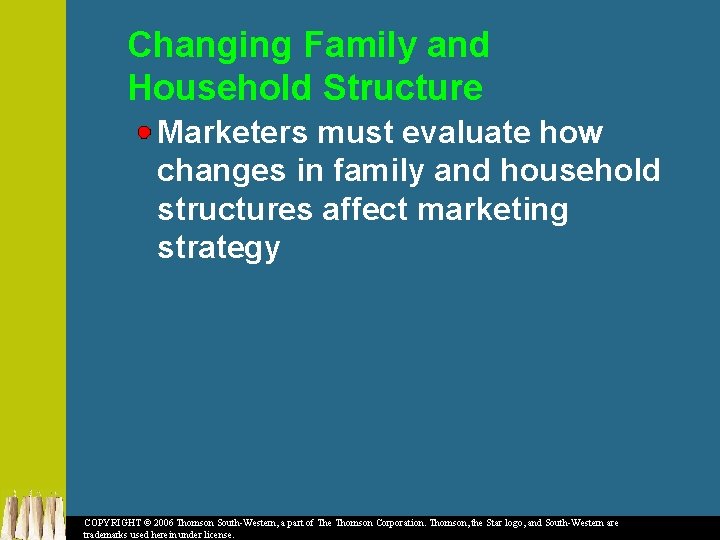 Changing Family and Household Structure Marketers must evaluate how changes in family and household