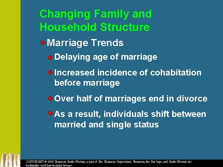 Changing Family and Household Structure Marriage Trends Delaying age of marriage Increased incidence of