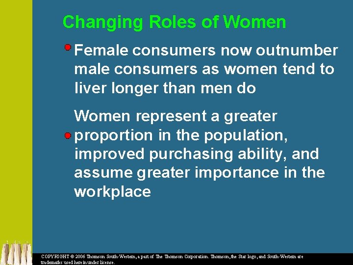 Changing Roles of Women Female consumers now outnumber male consumers as women tend to