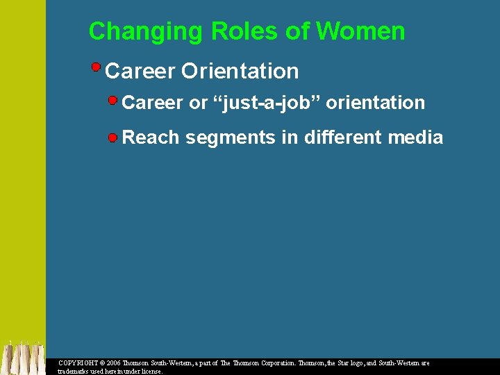 Changing Roles of Women Career Orientation Career or “just-a-job” orientation Reach segments in different