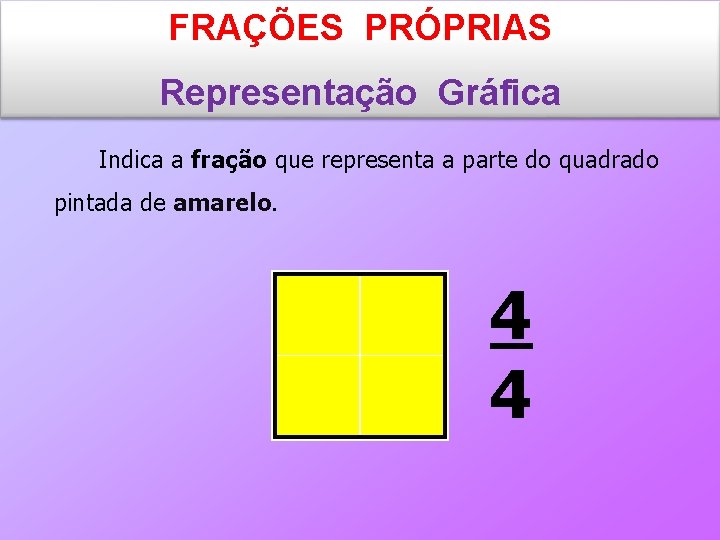 FRAÇÕES PRÓPRIAS Representação Gráfica Indica a fração que representa a parte do quadrado pintada