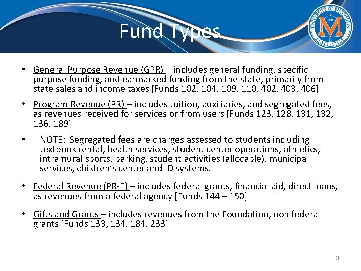 Fund Types • General Purpose Revenue (GPR) – includes general funding, specific purpose funding,
