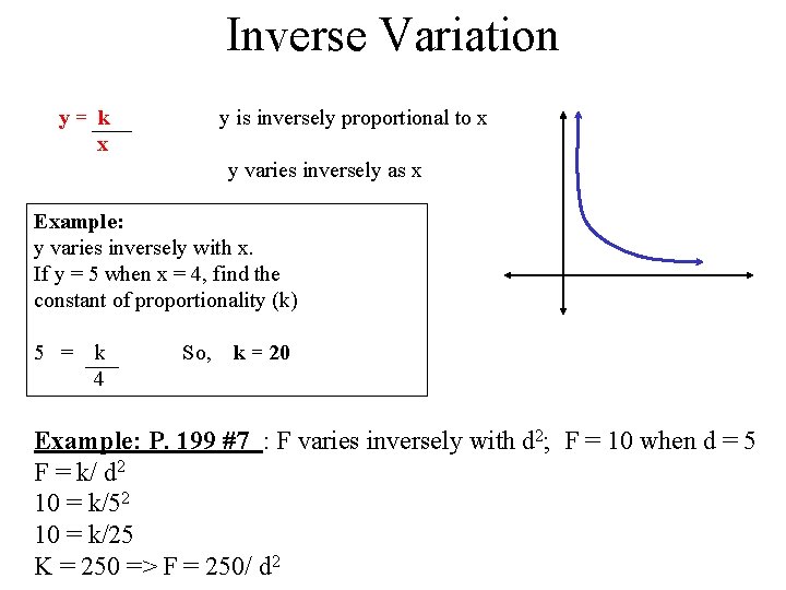 Inverse Variation y= k x y is inversely proportional to x y varies inversely