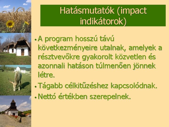 Hatásmutatók (impact indikátorok) • A program hosszú távú következményeire utalnak, amelyek a résztvevőkre gyakorolt