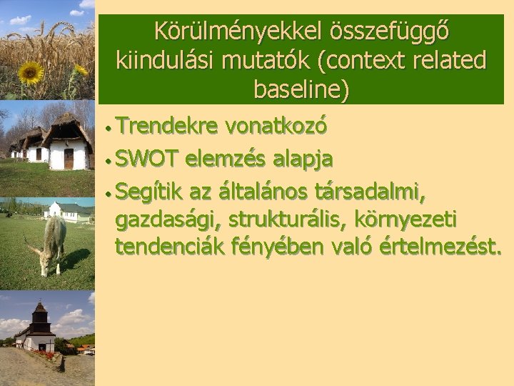 Körülményekkel összefüggő kiindulási mutatók (context related baseline) • Trendekre vonatkozó • SWOT elemzés alapja