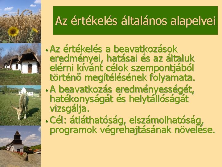 Az értékelés általános alapelvei • Az értékelés a beavatkozások eredményei, hatásai és az általuk