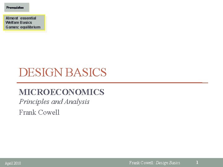 Prerequisites Almost essential Welfare Basics Games: equilibrium DESIGN BASICS MICROECONOMICS Principles and Analysis Frank