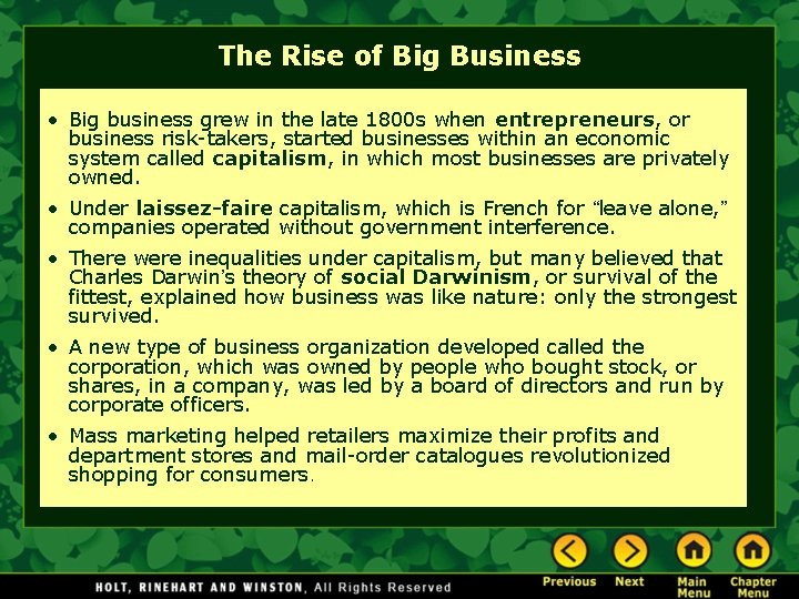 The Rise of Big Business • Big business grew in the late 1800 s