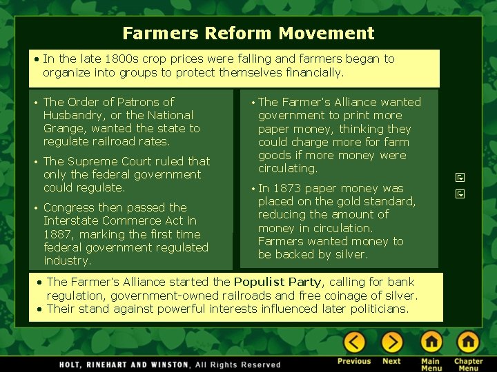 Farmers Reform Movement • In the late 1800 s crop prices were falling and