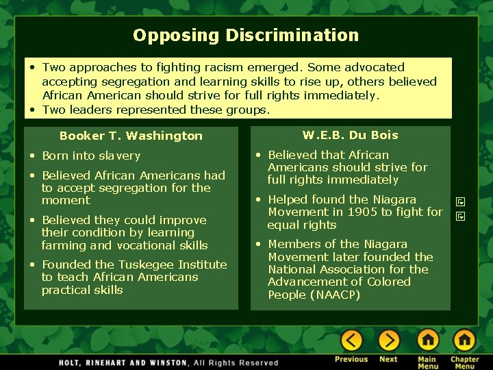 Opposing Discrimination • Two approaches to fighting racism emerged. Some advocated accepting segregation and