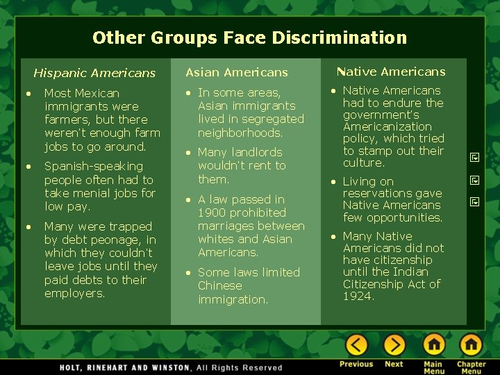 Other Groups Face Discrimination Hispanic Americans • • • Most Mexican immigrants were farmers,