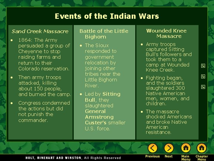 Events of the Indian Wars Sand Creek Massacre • 1864: The Army persuaded a