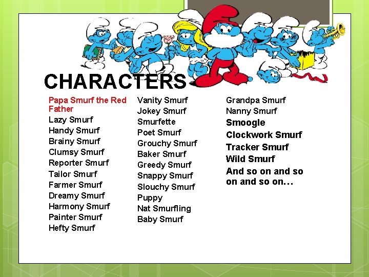 CHARACTERS Papa Smurf the Red Father Lazy Smurf Handy Smurf Brainy Smurf Clumsy Smurf