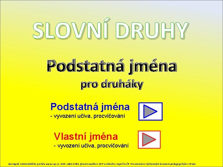 SLOVNÍ DRUHY Podstatná jména pro druháky Podstatná jména - vyvození učiva, procvičování Vlastní jména