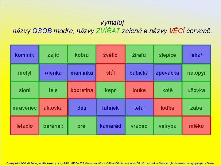 Vymaluj názvy OSOB modře, názvy ZVÍŘAT zeleně a názvy VĚCÍ červeně. kominík zajíc kobra