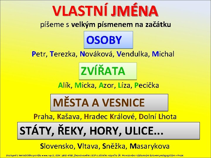 VLASTNÍ JMÉNA píšeme s velkým písmenem na začátku OSOBY Petr, Terezka, Nováková, Vendulka, Michal