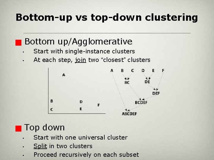 Bottom-up vs top-down clustering Bottom up/Agglomerative g • • Start with single-instance clusters At